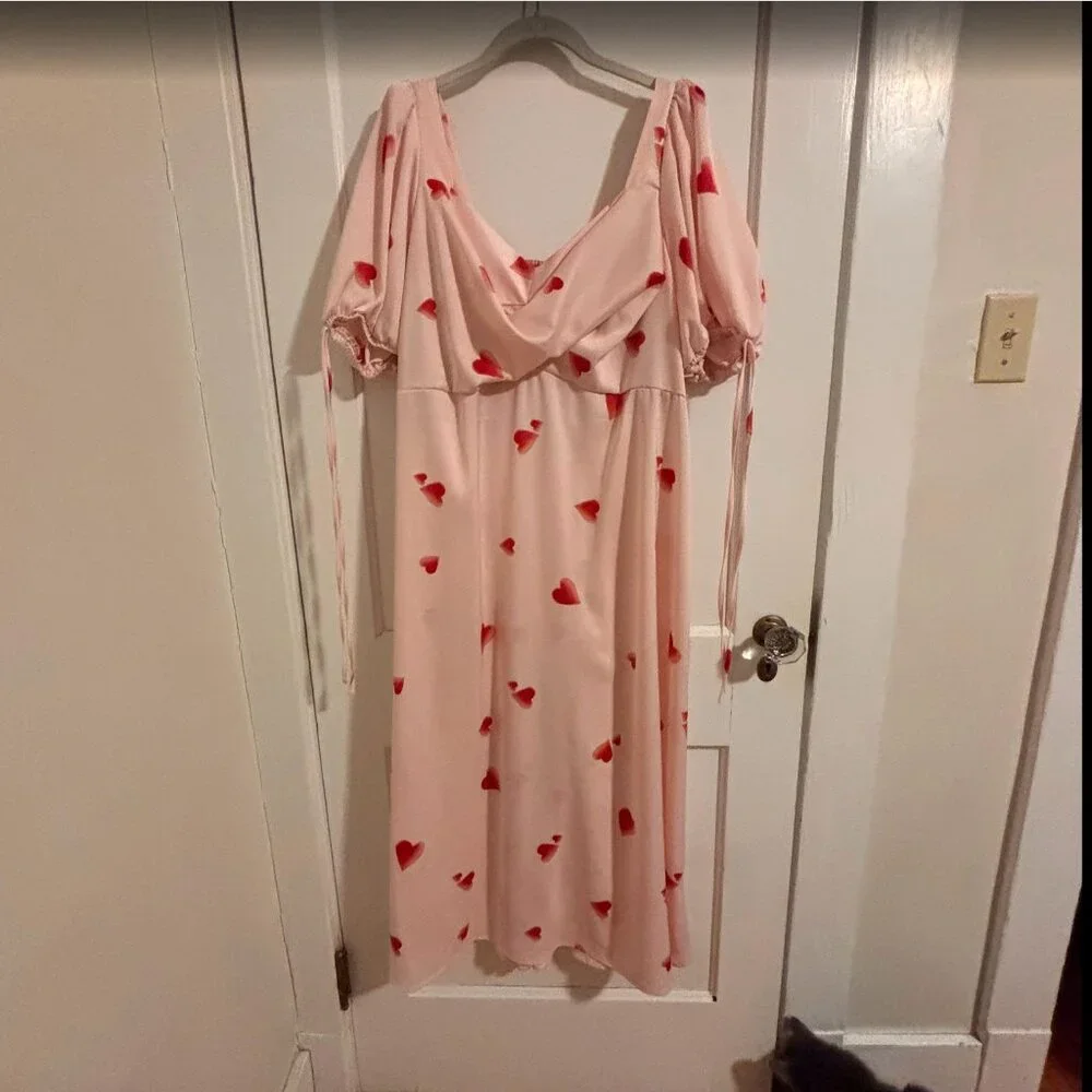 Eloquii Puff Sleeve Satin Dress Pink Heart Print Dress 18 - Picture 3 of 6
